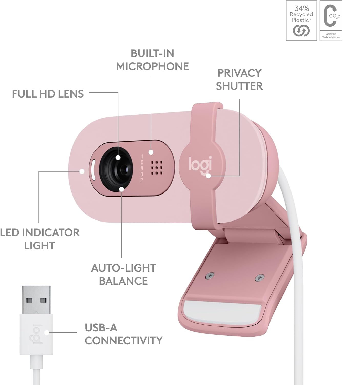 Logitech Brio 100 Full HD 1080p Webcam, Auto-Light Balance, Built-in Mic, Privacy Shutter, USB-A – Rose