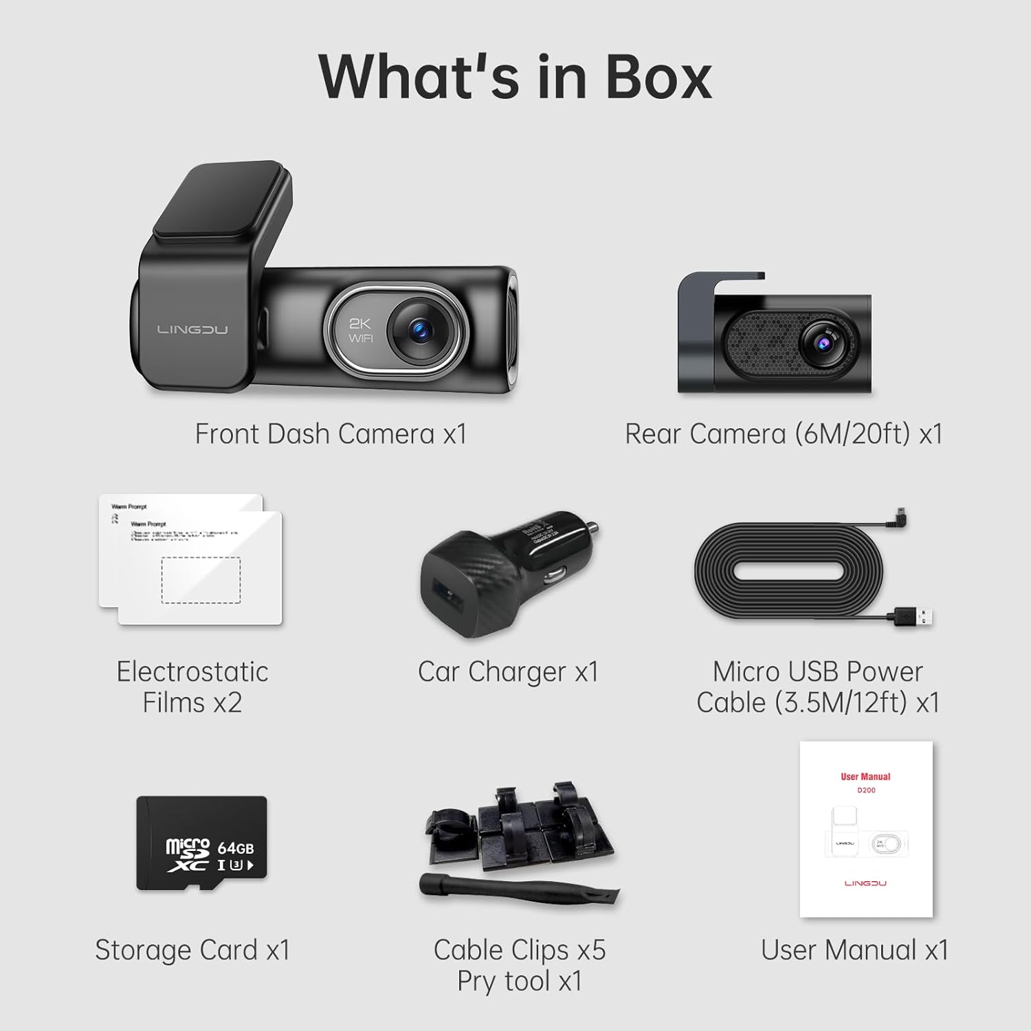 Lingdu D200 2K Dash Cam Front and Rear – Built-in GPS & WiFi, 0.96" LCD Screen, 64GB SD Card Included, Night Vision, Voice Control, Parking Monitor, Loop Recording, G-Sensor