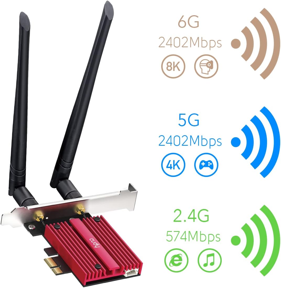 بطاقة شبكة Cudy AX5400 WiFi 6E PCIe للكمبيوتر الشخصي (WE3000S) – وحدة Intel AX210، ثنائية النطاق 2.4GHz/5GHz/6GHz، سرعة تصل إلى 5400Mbps، متوافقة مع Bluetooth 5.3 (5.2/5.0/4.0)، 802.11ax/ac/a/b/g/n، للألعاب منخفضة الكمون، تدعم Windows 11/10