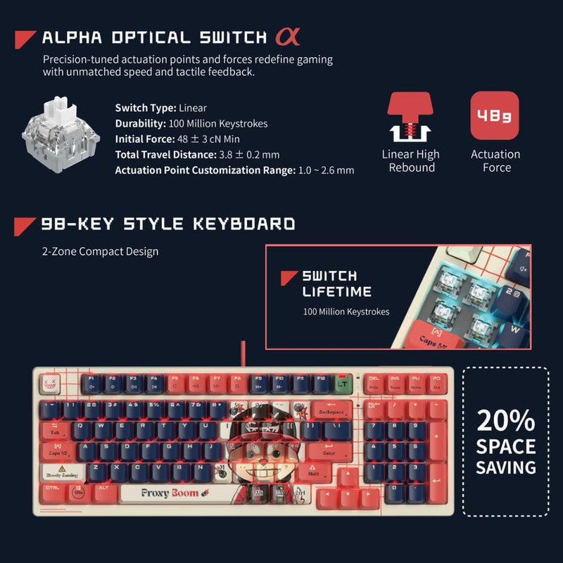 Bloody AT98 Alpha Optical Switch Performance Keyboard - Adjustable Actuation Point, Gaming PBT Keycaps, 7 RGB Backlit Effects