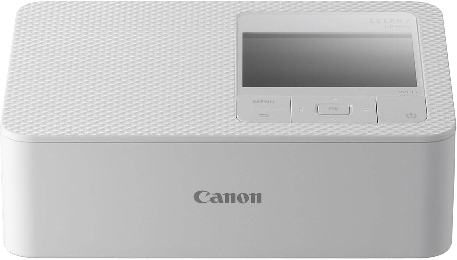طابعة الصور اللاسلكية المدمجة Canon SELPHY CP1500، طباعة بالتسامي الصبغي، دقة 300×300 نقطة لكل بوصة، شاشة LCD مقاس 3.5 بوصة، Wi‑Fi وAirPrint وUSB‑C وبطاقة SD، طباعة صور بمقاس 4×6 بوصة – أبيض