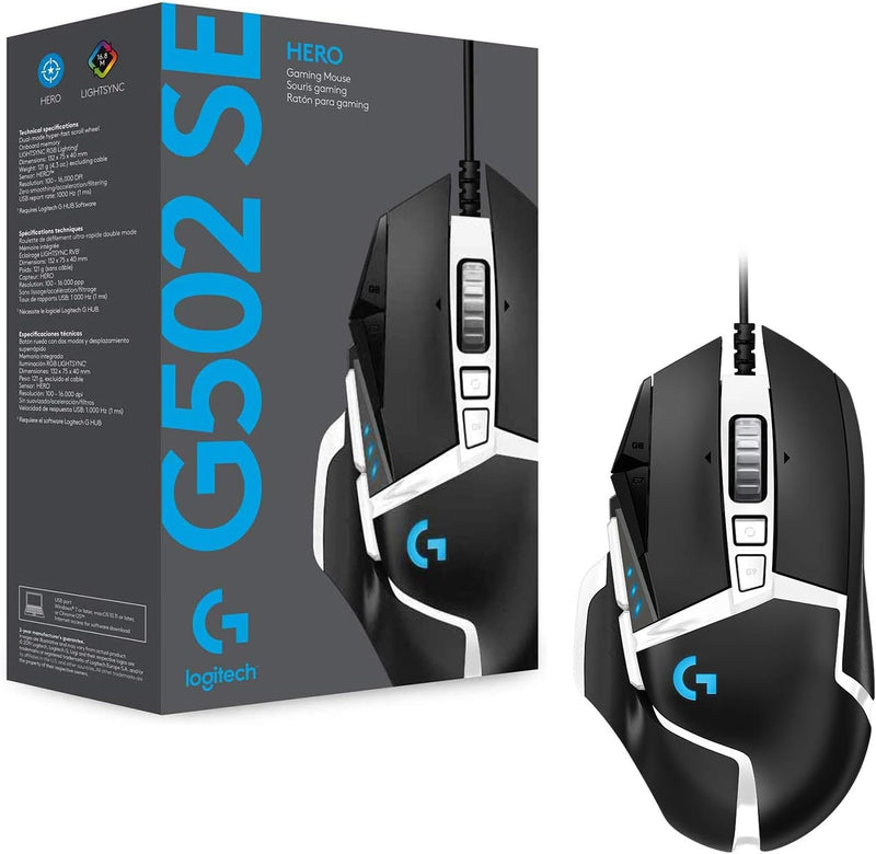 Logitech G502 Hero High Performance Gaming Mouse Special Edition, Hero 16K Sensor, 16 000 DPI, RGB, Adjustable Weights, 11 Programmable Buttons, On-Board Memory, PC/Mac - Black/White