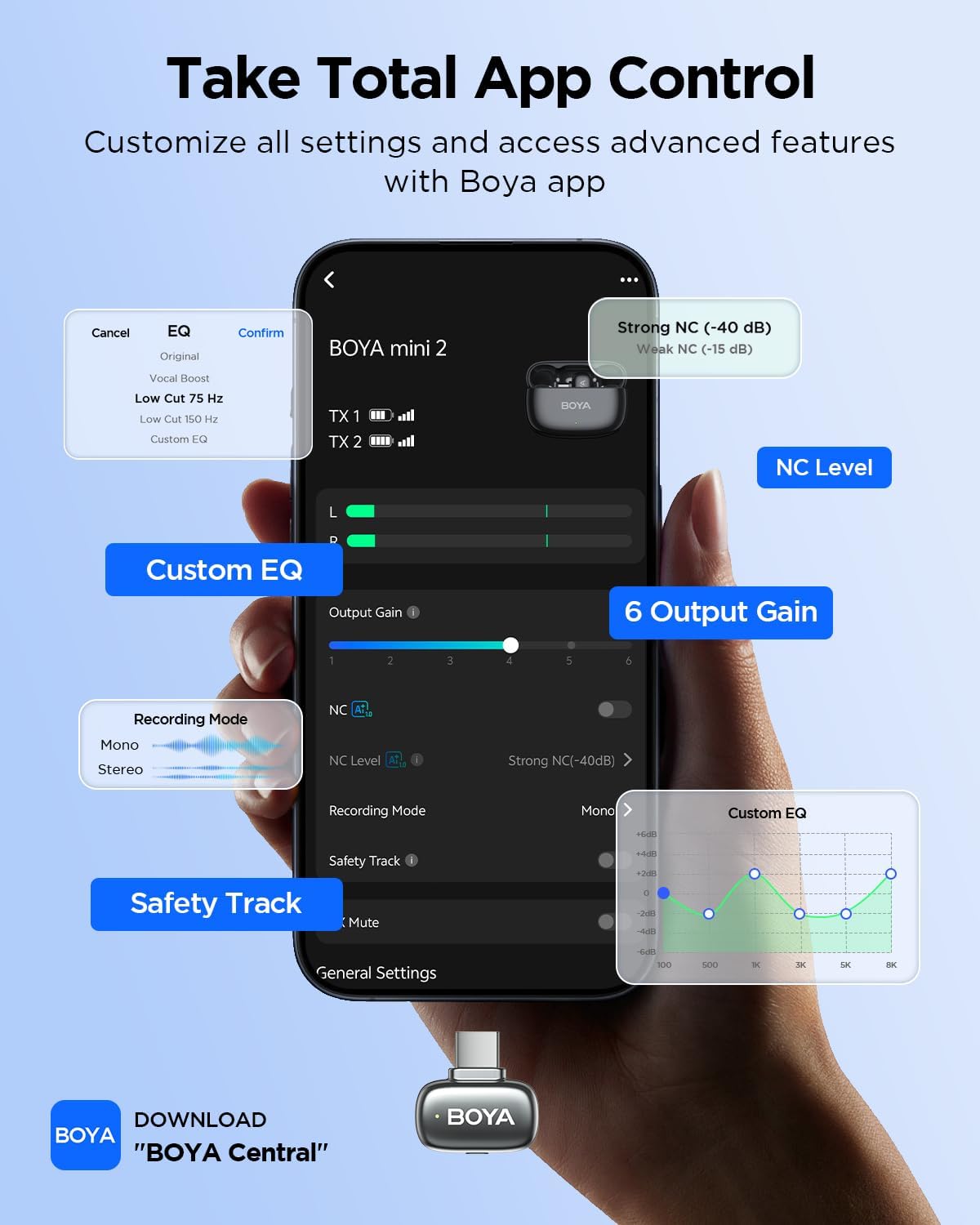 BOYA Mini 2 USB-C Wireless Lavalier Microphone , 48kHz/24-bit Audio , AI Noise Cancellation , 100m Wireless Range , Up to 30H Battery Life , Ultra-Mini Clip-On Mic for Android, iPhone 15/16, TikTok & YouTube – Space Gray