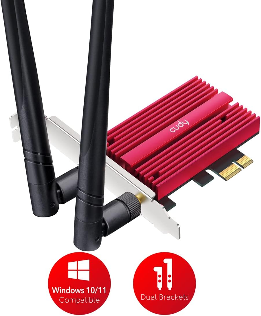 بطاقة شبكة Cudy AX5400 WiFi 6E PCIe للكمبيوتر الشخصي (WE3000S) – وحدة Intel AX210، ثنائية النطاق 2.4GHz/5GHz/6GHz، سرعة تصل إلى 5400Mbps، متوافقة مع Bluetooth 5.3 (5.2/5.0/4.0)، 802.11ax/ac/a/b/g/n، للألعاب منخفضة الكمون، تدعم Windows 11/10