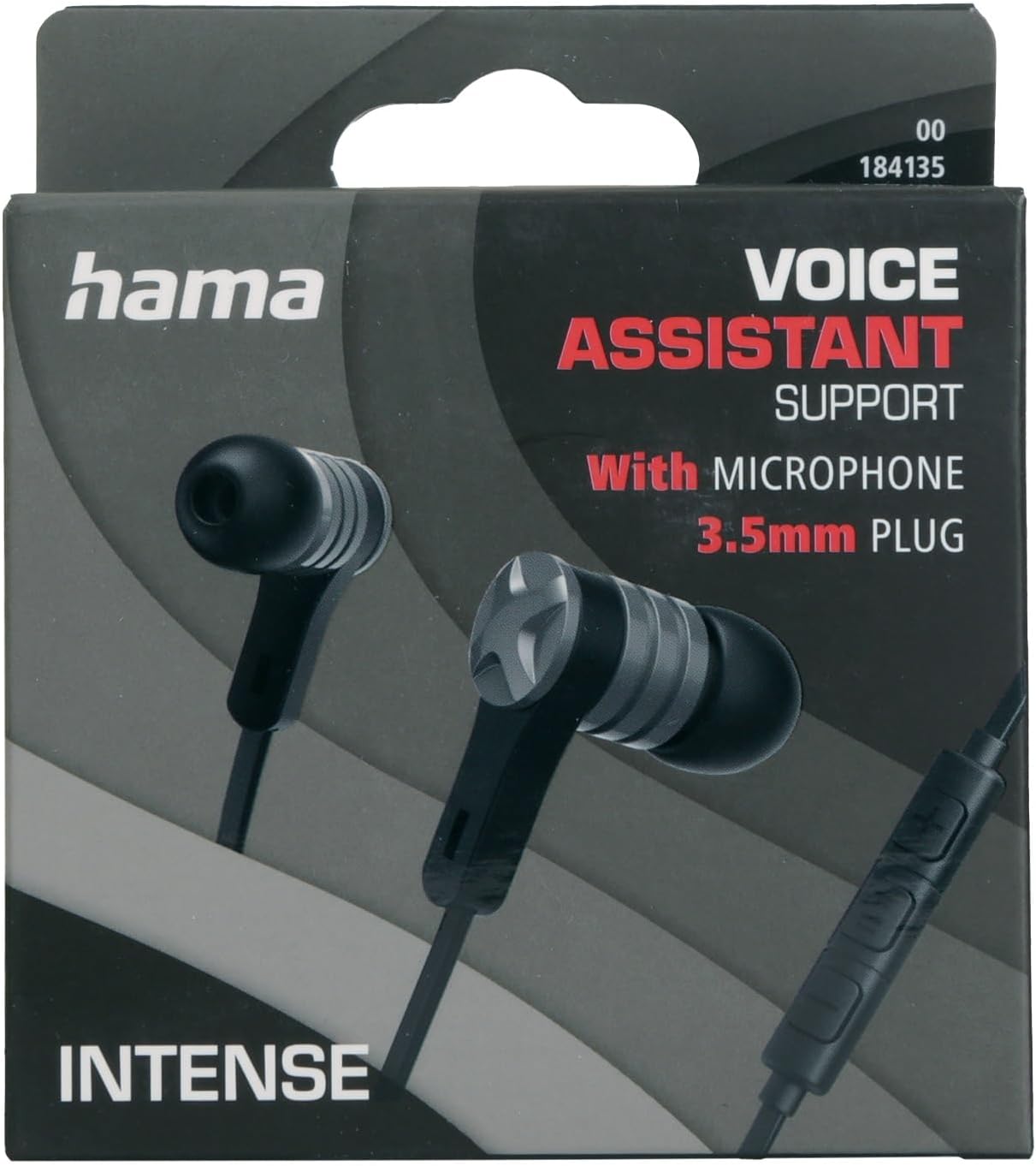 سماعات أذن سلكية Hama 184135 Intense مع ميكروفون، مقبس 3.5mm، مشغلات صوتية بحجم 8mm، تحكم في مستوى الصوت والمكالمات، كابل مسطح شريطي بطول 1.2m، دعم Siri وGoogle Assistant – أسود