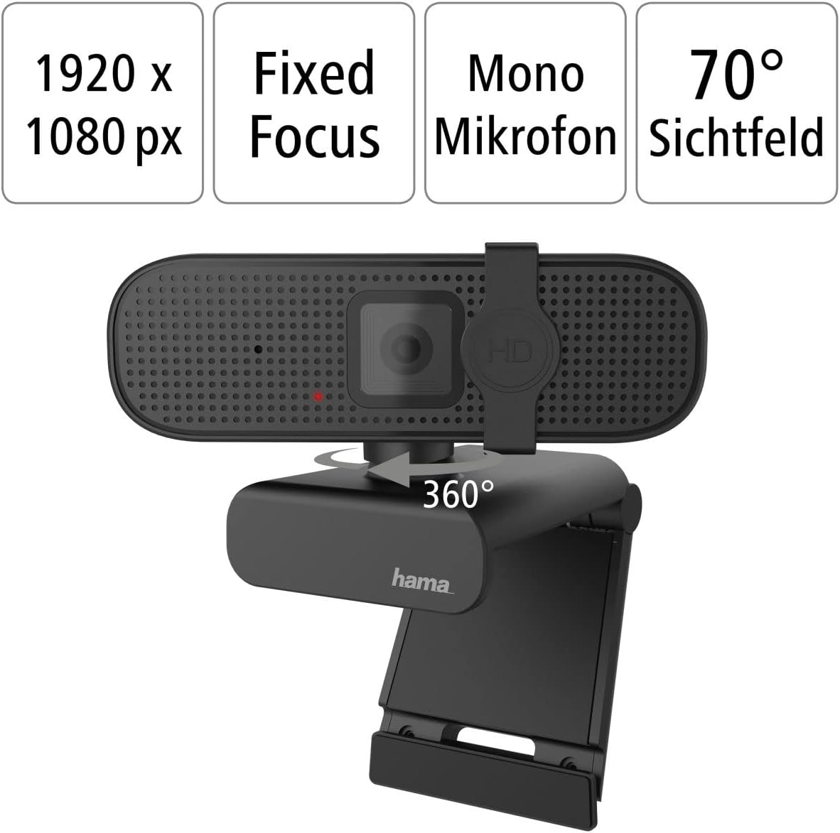 Hama 139991 C-400 Full HD 1080p Webcam – Integrated Microphone, Privacy Cover, 70° Field of View