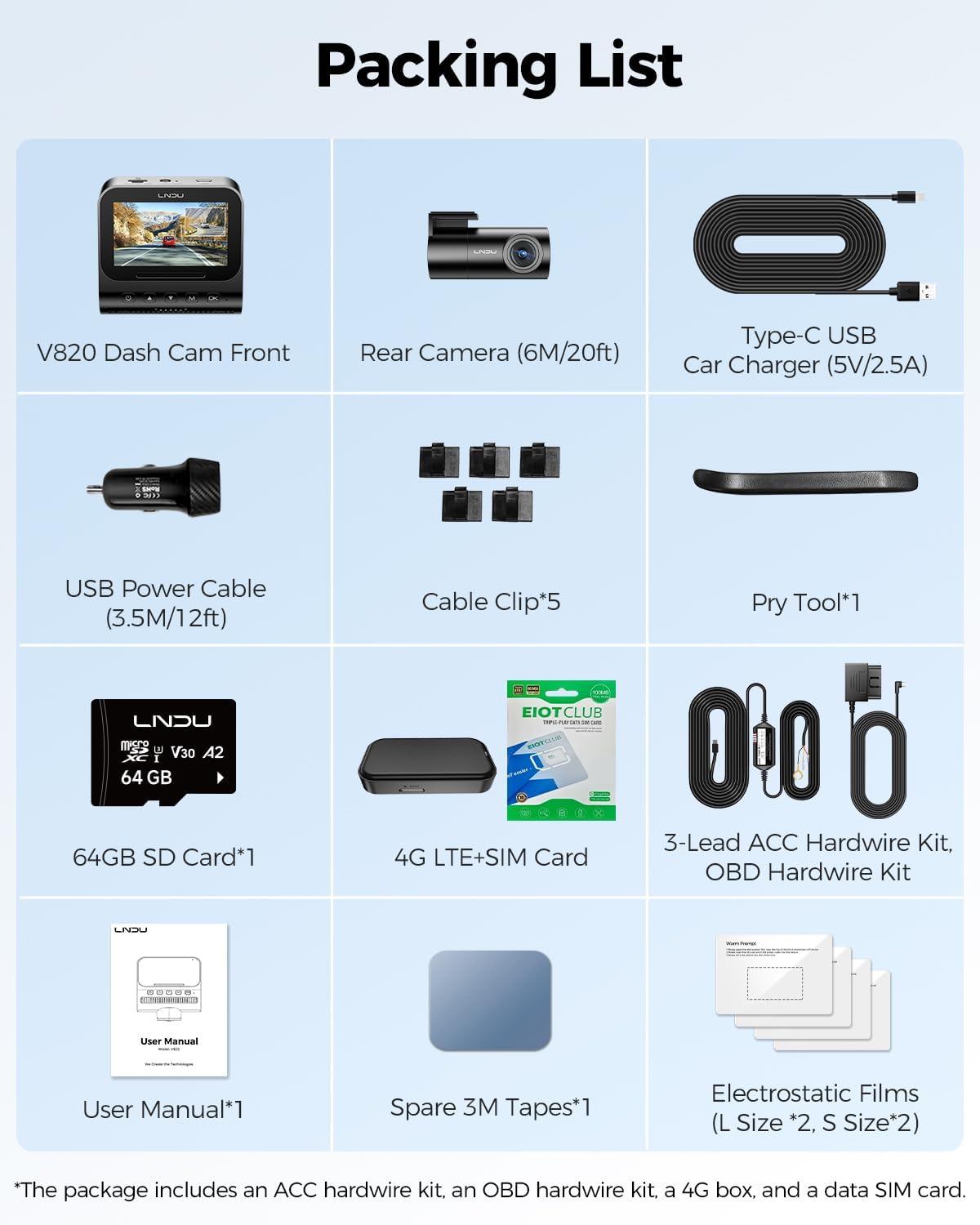 Lingdu V820 4K + 1080P Dual Channel Dash Cam with STARVIS 2 Sensors, Built-in GPS & WiFi, 4G LTE, ADAS, 3” IPS Display, Voice Control & 64GB