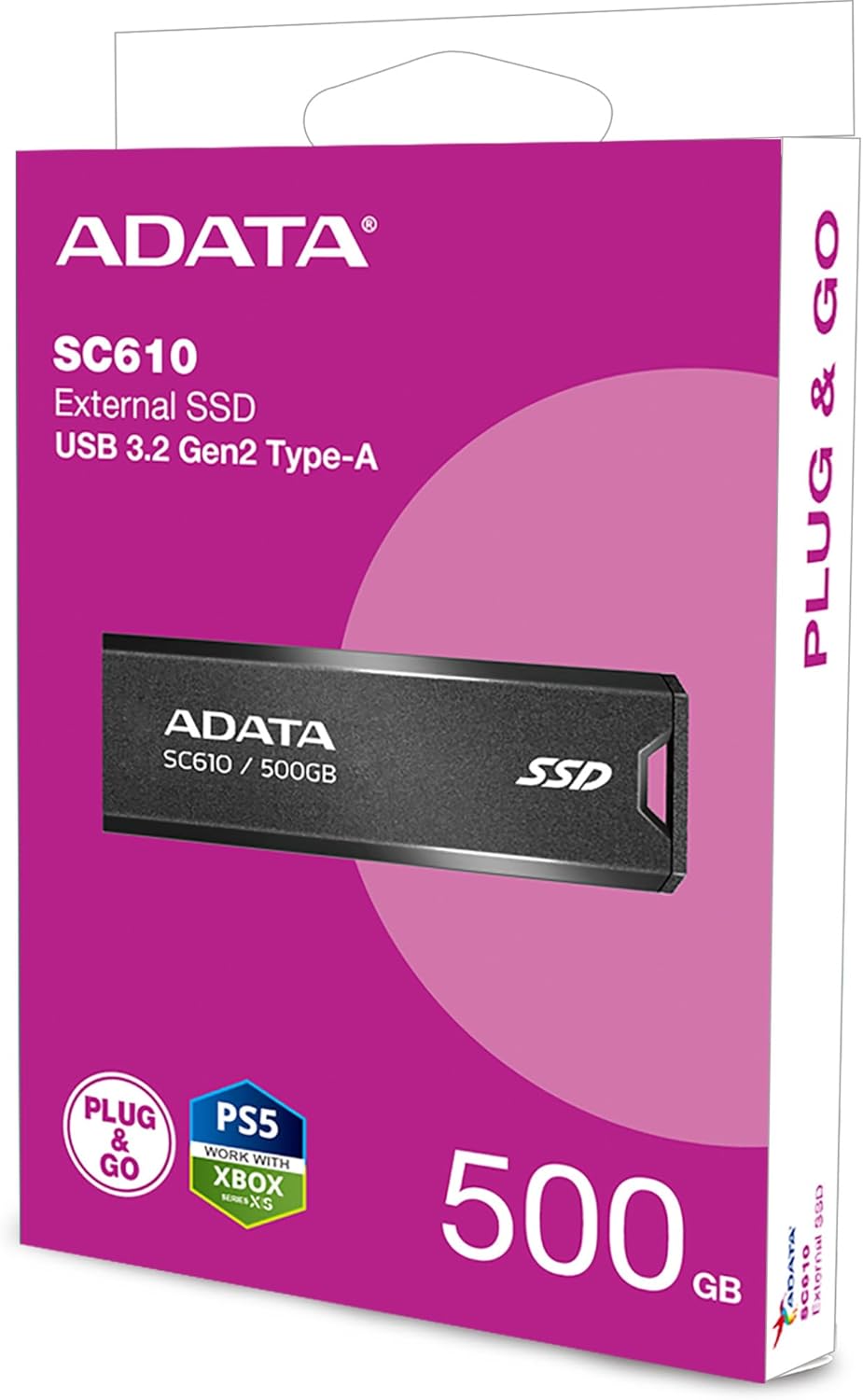ADATA SC610 500GB External SSD , Up to 550MB/s Read Speed , USB 3.2 Gen 2 , Retractable USB-A Connector , Cable-Free Portable Storage , Black/Red , SC610-500G-CBK/RD