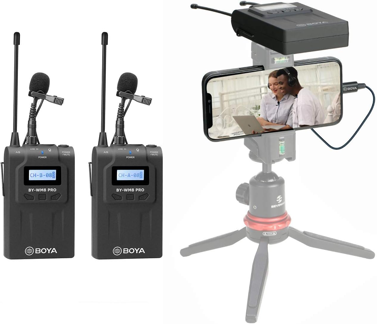 نظام ميكروفون لاسلكي ثنائي القناة BOYA BY‑WM8 Pro-K2 UHF - مستقبل 48 قناة، محمول باليد + لافالير، شاشة LCD، مقبس سماعة رأس
