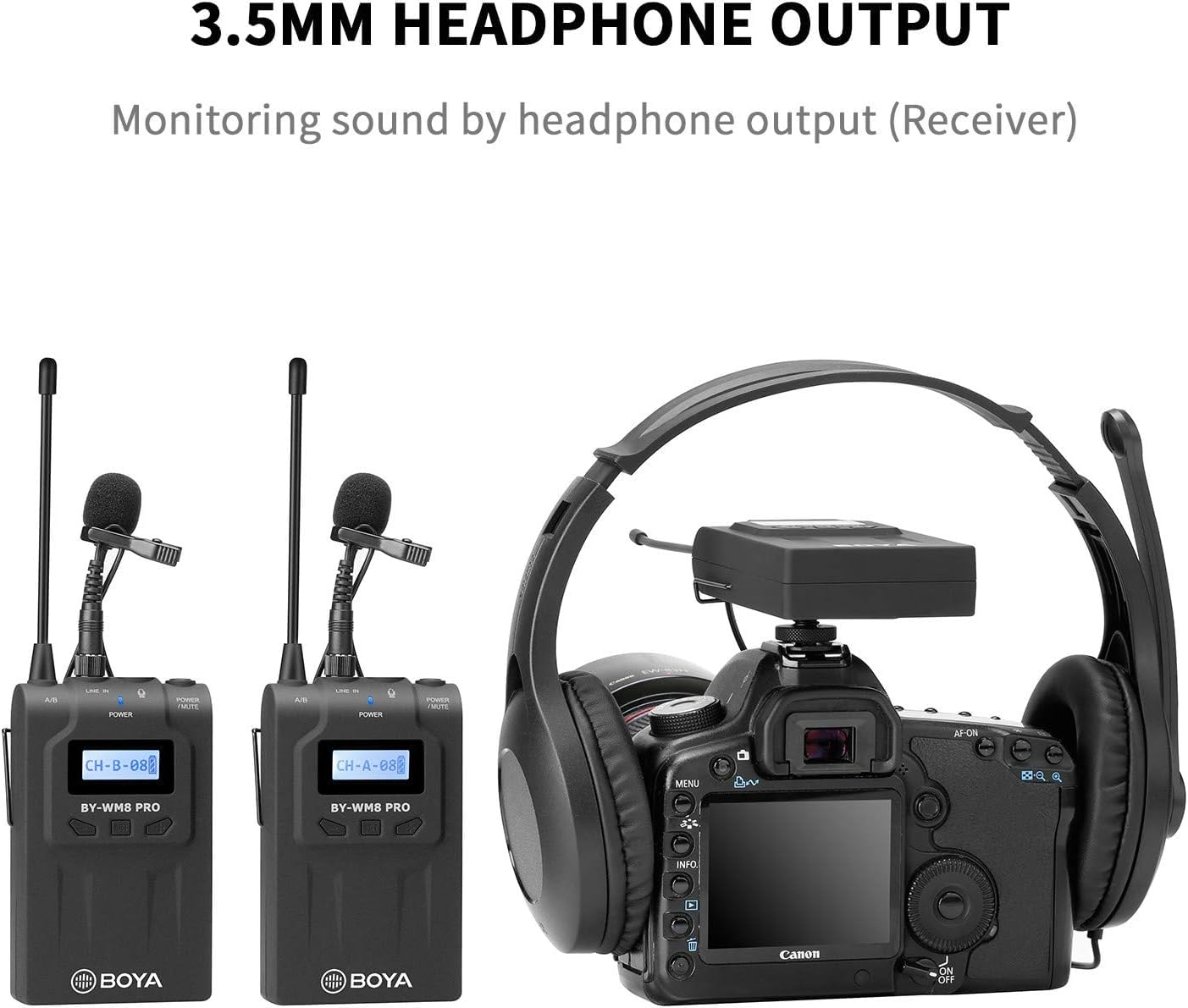 نظام ميكروفون لاسلكي ثنائي القناة BOYA BY‑WM8 Pro-K2 UHF - مستقبل 48 قناة، محمول باليد + لافالير، شاشة LCD، مقبس سماعة رأس