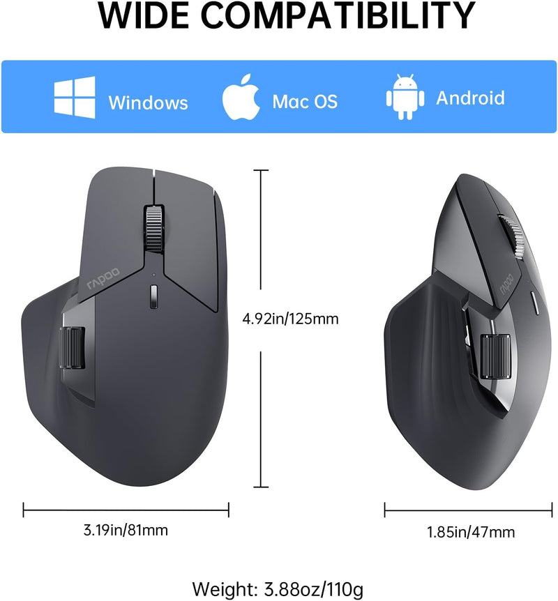 Rapoo MT760 Multi-Device Wireless Mouse, Bluetooth 5.0 and 2.4G Multi-Mode Connection, Up to 4 Devices, 11 Programmable Buttons, 4K DPI, 90 Days Battery Life, PC, Matte Black