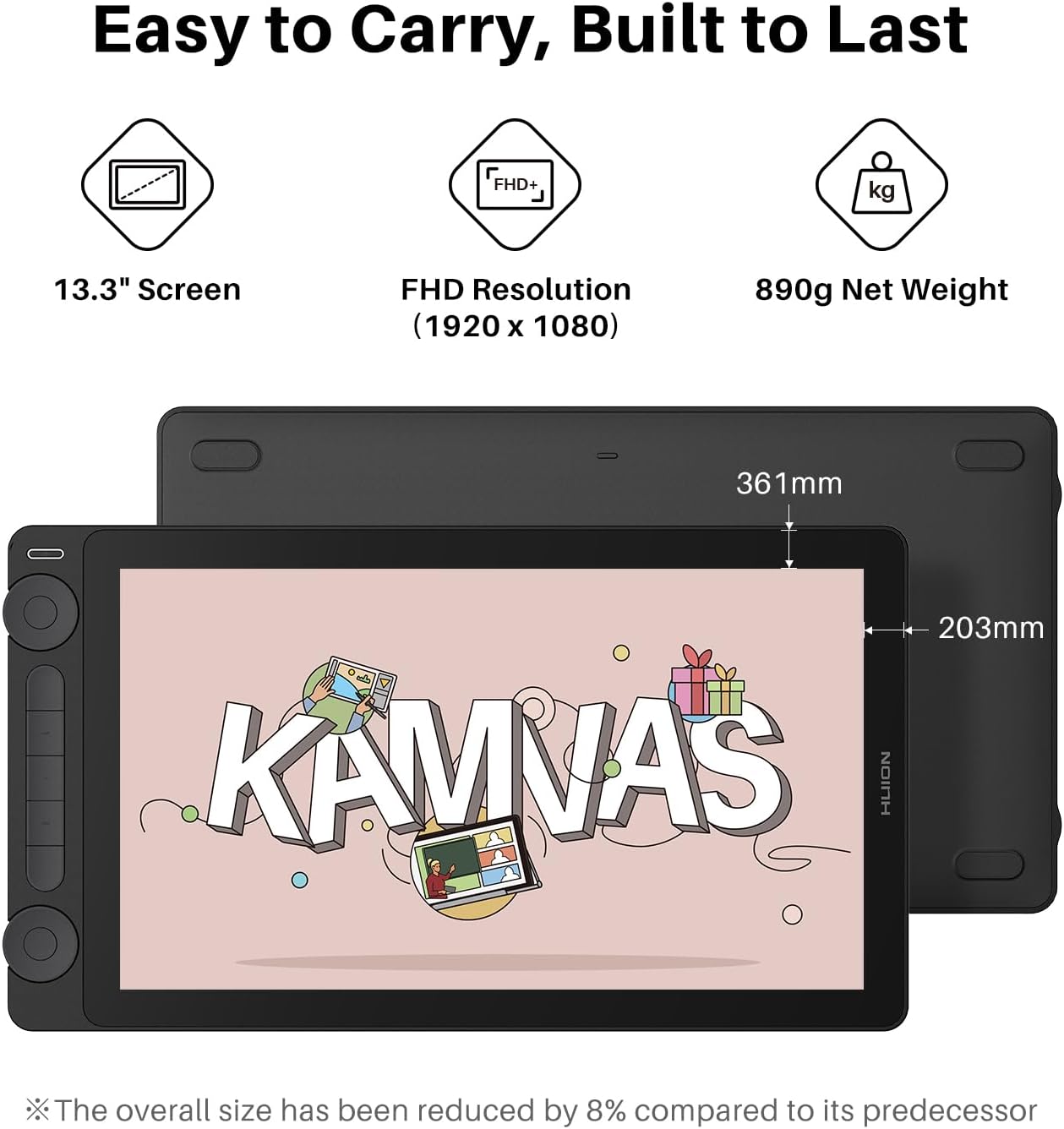 Huion Kamvas 13 (Gen 3) – 13.3″ FHD Pen Display, Anti-Sparkle Laminated Glass, PenTech 4.0 & Dual Dials, 99% sRGB