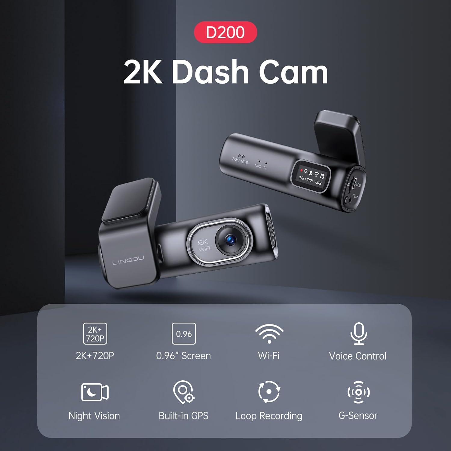 Lingdu D200 2K Dash Cam Front and Rear – Built-in GPS & WiFi, 0.96" LCD Screen, 64GB SD Card Included, Night Vision, Voice Control, Parking Monitor, Loop Recording, G-Sensor