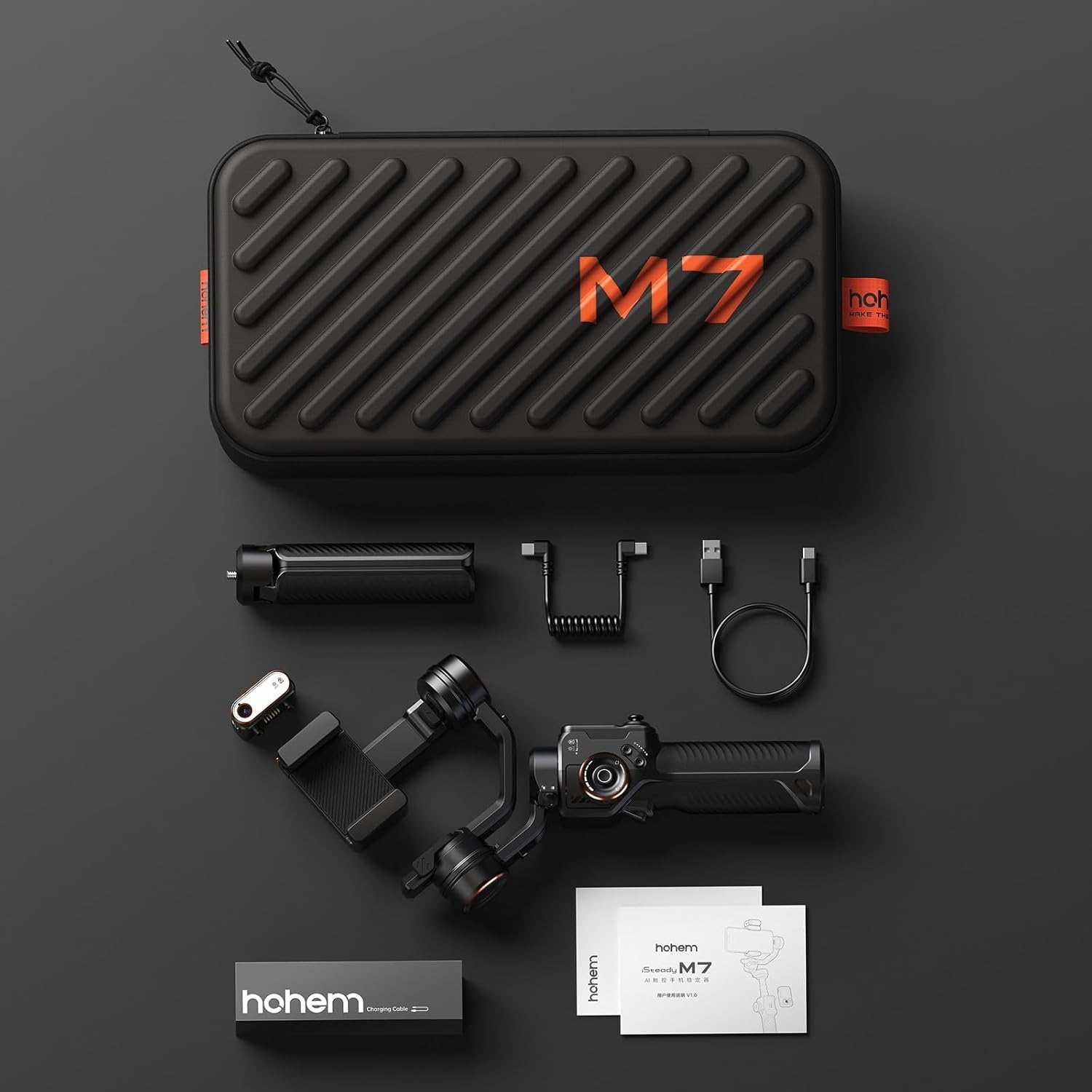 Hohem iSteady M7 AI-Tracking Smartphone Gimbal – 500 g Payload, Detachable 1.4″ Touchscreen Remote, RGB Fill Light, 12 h Battery, 360° Pan
