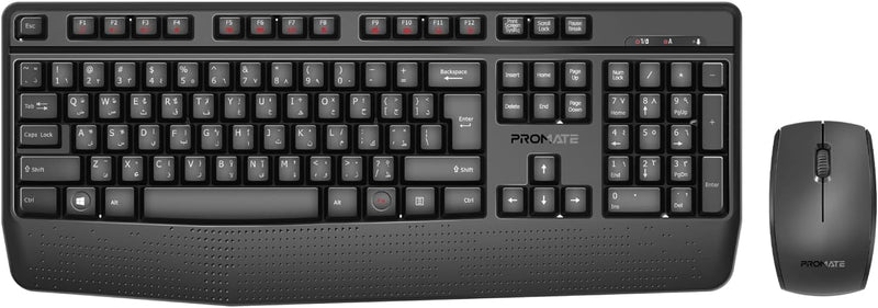 Promate Wireless Keyboard and Mouse Combo, 2.4GHz Wireless with Built-In Palm Rest, Multi-Grip 1200 DPI Mouse, Nano USB Receiver