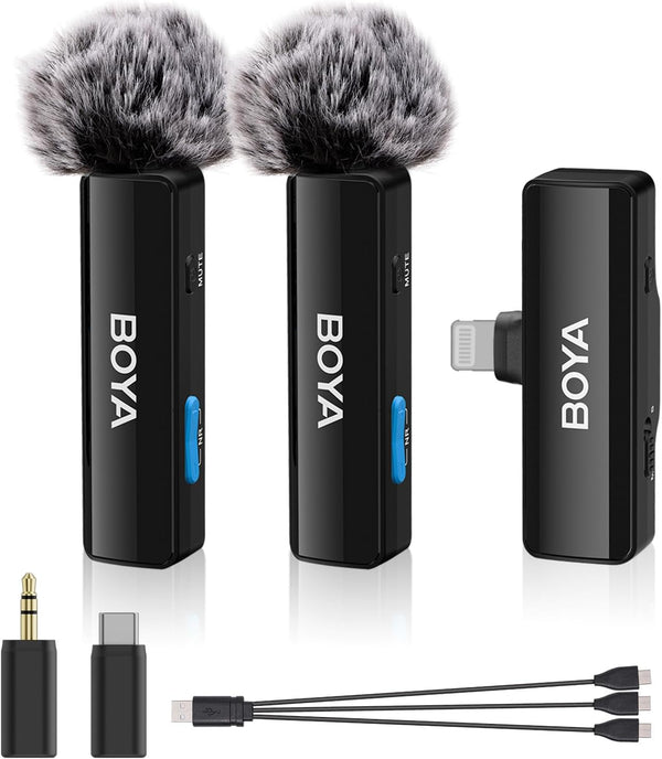 BOYA BOYALINK A2 Wireless Lavalier Microphone for iPhone/Android/Camera Vlogging, All-in-One Lapel Dual Mic System & Lightning & USB-C Inputs for Smartphones/DSLR YouTube Facebook Live