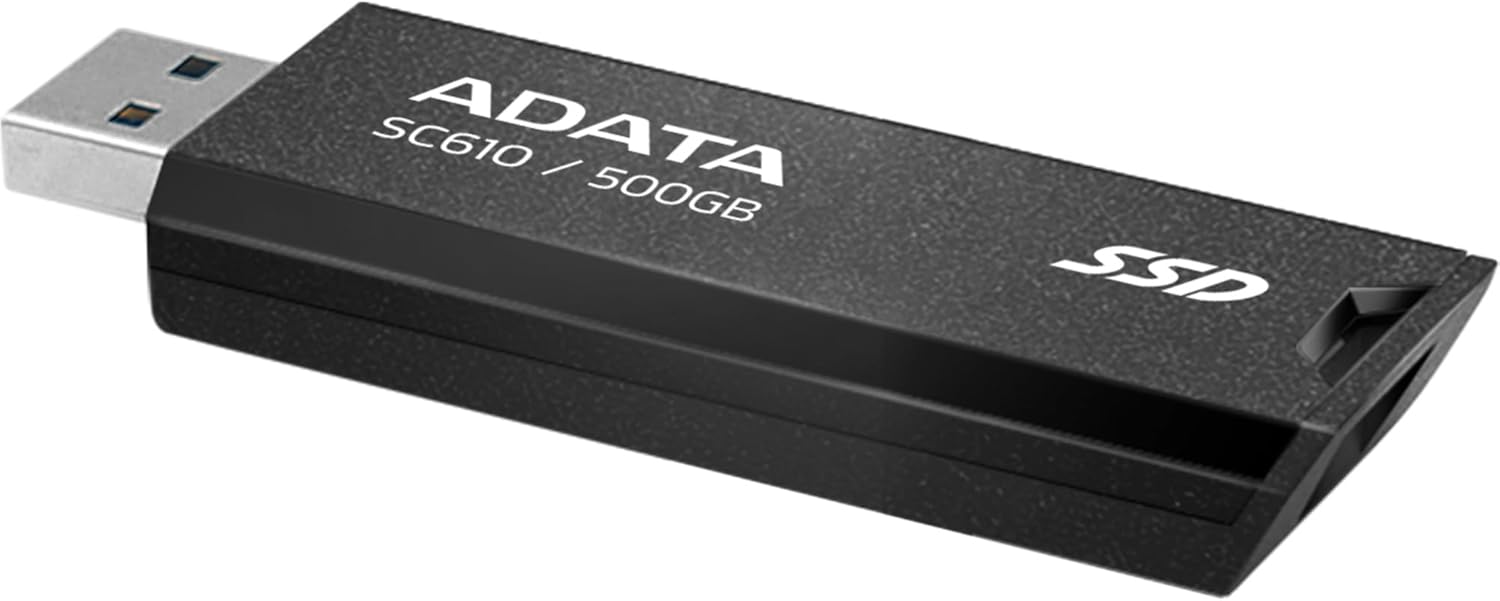 ADATA SC610 500GB External SSD , Up to 550MB/s Read Speed , USB 3.2 Gen 2 , Retractable USB-A Connector , Cable-Free Portable Storage , Black/Red , SC610-500G-CBK/RD