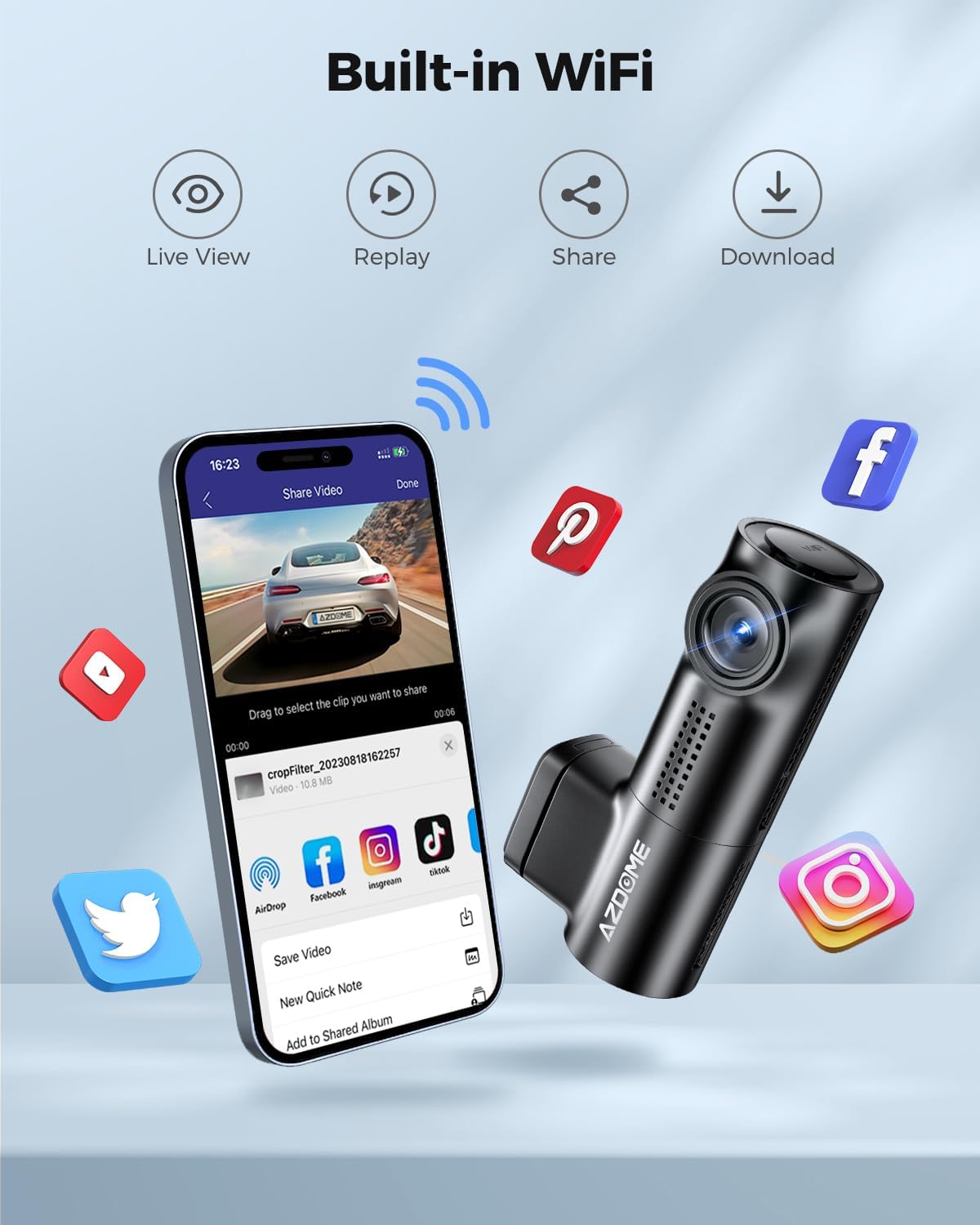 AZDOME M330 1080P WiFi Dash Cam – Front Car Camera with 0.96" Screen, Voice Control, Night Vision, G-Sensor, 24H Parking Mode, Loop Recording, Supports up to 128GB