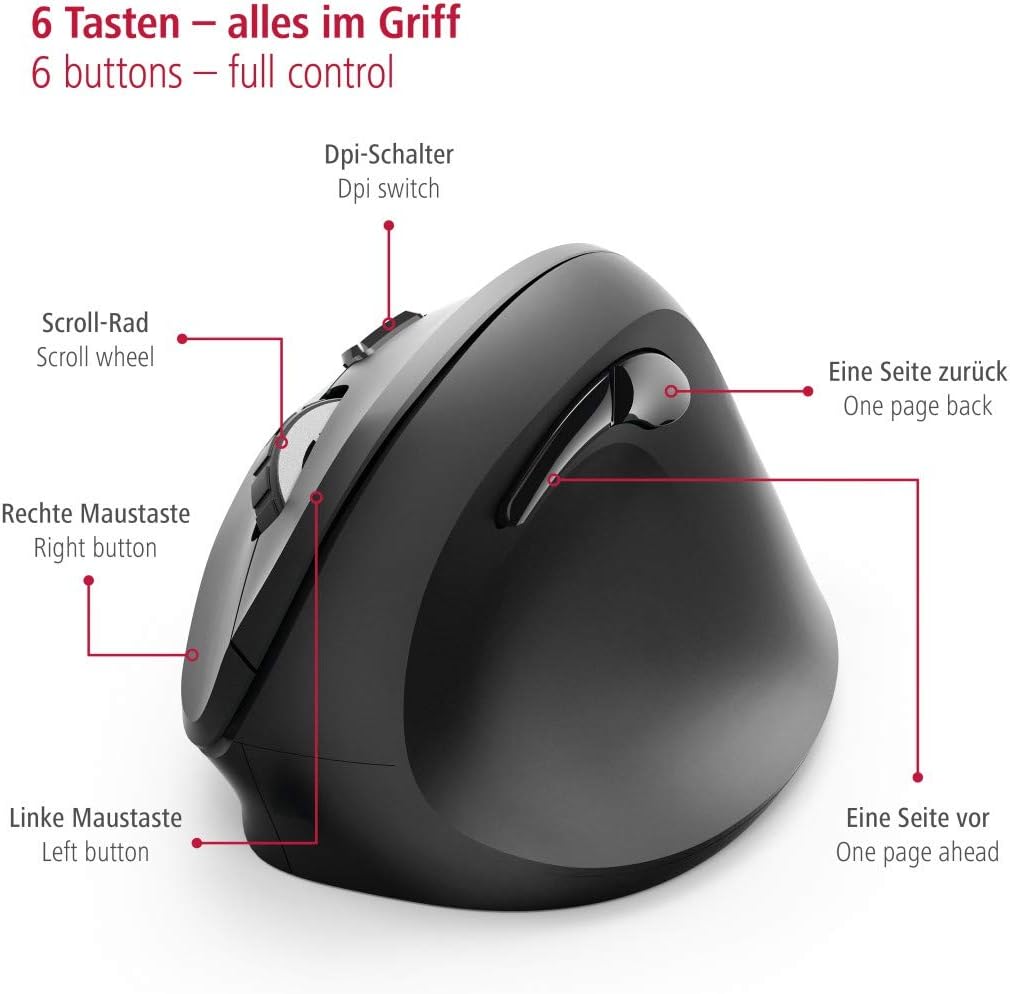 Hama EMW-500 Wireless Vertical Ergonomic Mouse – 6-Button 2.4GHz, 1000/1400/1800 DPI, Rubberised Grip