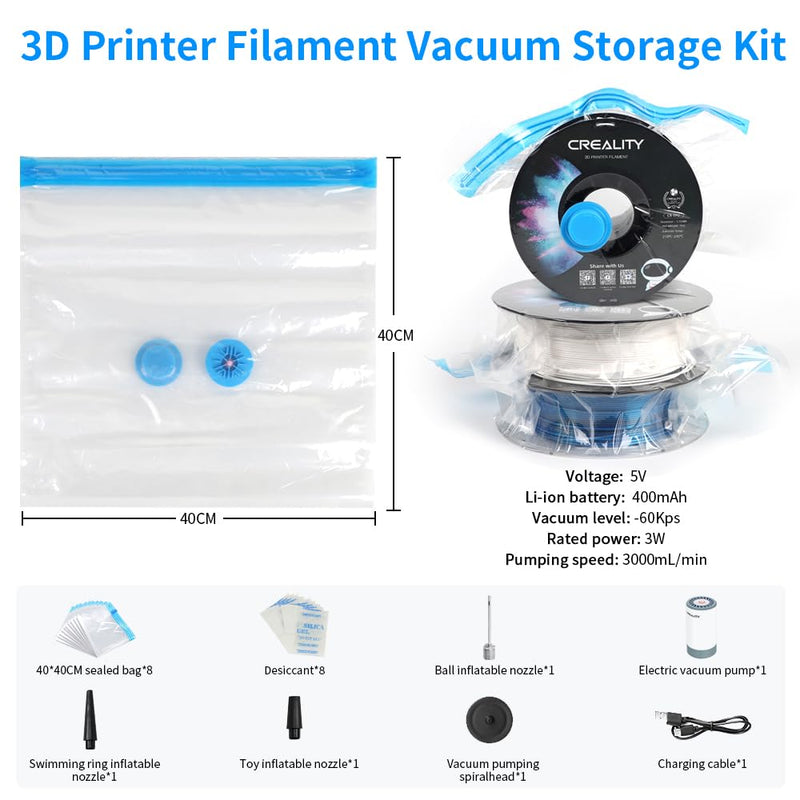 Creality 3D Printer Filament Storage Bags Filament Vacuum Bags, 8 Transparent Sealed Bags with Electric Pump Dust Proof Humidity Resistant Keeping Filament Dry, 40 x 40CM Reusable Vacuum Storage Bags