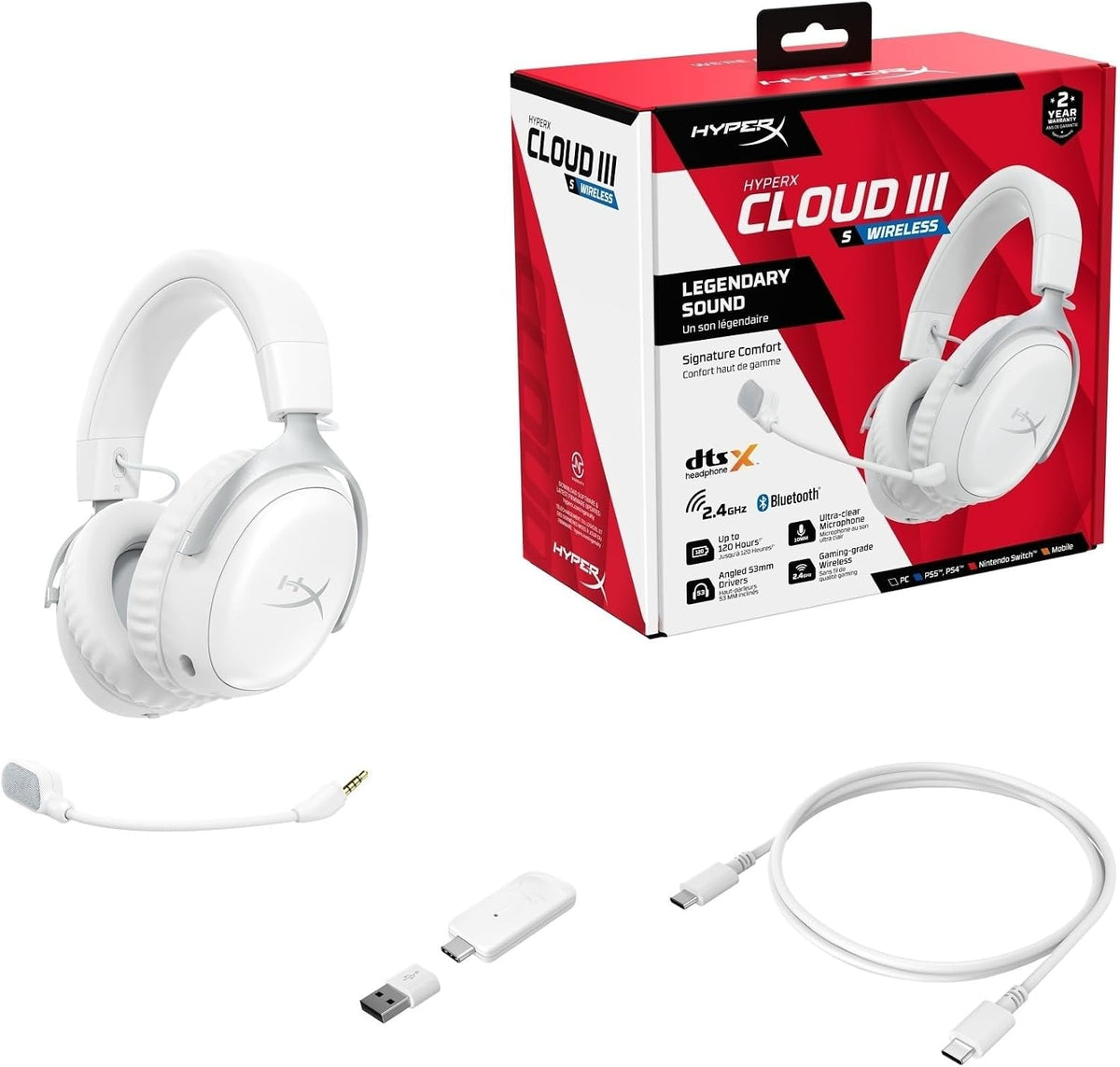 HyperX Cloud III S Wireless Gaming Headset , 2.4GHz & Bluetooth 5.3 , Up to 120H Battery , 53mm Angled Drivers , Detachable 10mm Mic , DTS Headphone:X Spatial Audio  PC, PS5, Switch & Mobile