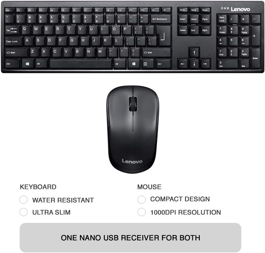 Lenovo 100 USB-A Wireless Combo – Slim Keyboard & Compact Mouse, 1600 DPI, Spill-Resistant, 10-Million Key Presses