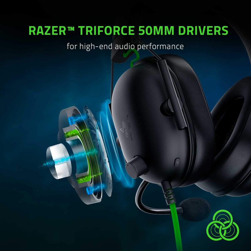 سماعة رأس Razer BlackShark V2 X USB سلكية للألعاب فوق الأذن، صوت محيطي 7.1، مشغلات 50 ملم، خفيفة الوزن 240 جرام، ميكروفون عازل للضوضاء، وسائد إسفنجية الذاكرة الهجينة - أسود