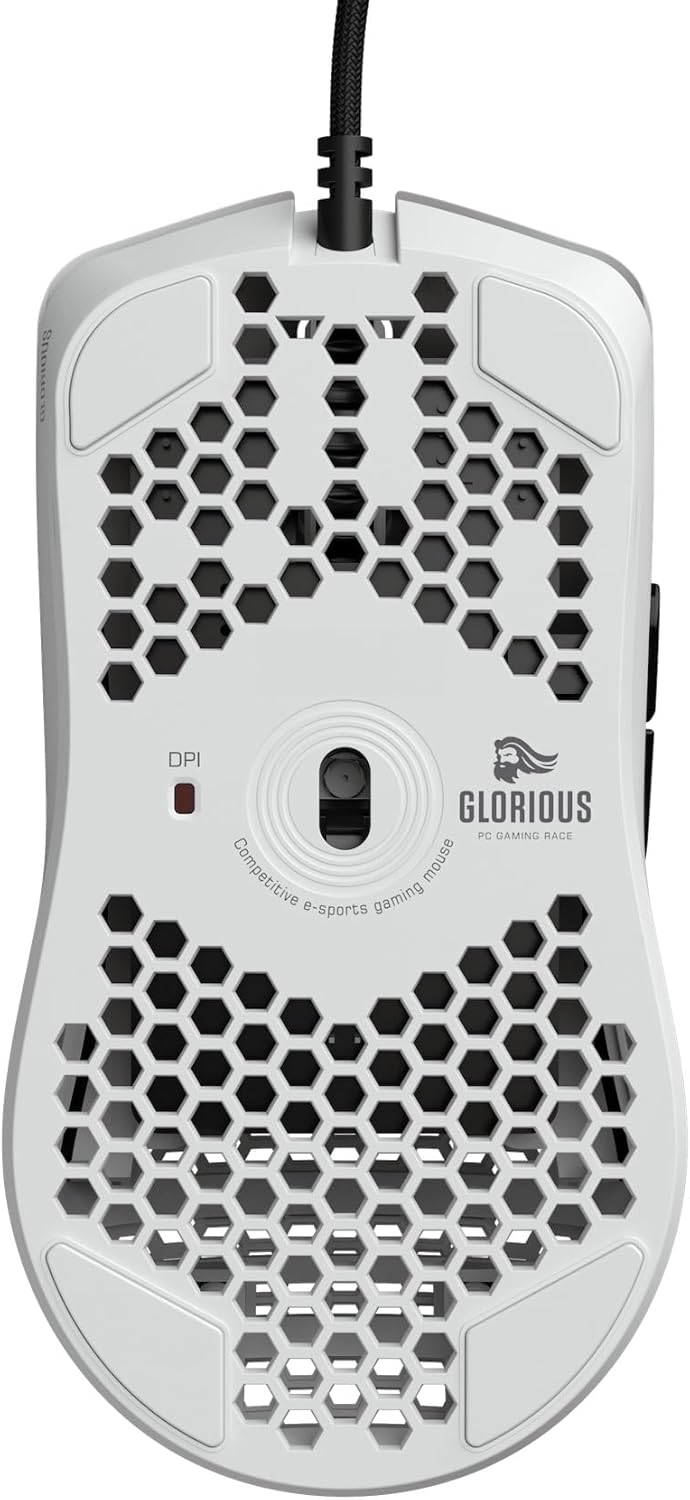 فأرة ألعاب سلكية Glorious Model O- (Minus)، وزن 58 جرام خفيف جداً، حجم مدمج، مستشعر Pixart 3360، إضاءة RGB، تصميم خلية النحل، مفاتيح أومرون، مناسبة لليد اليمنى واليسرى – أبيض مطفي