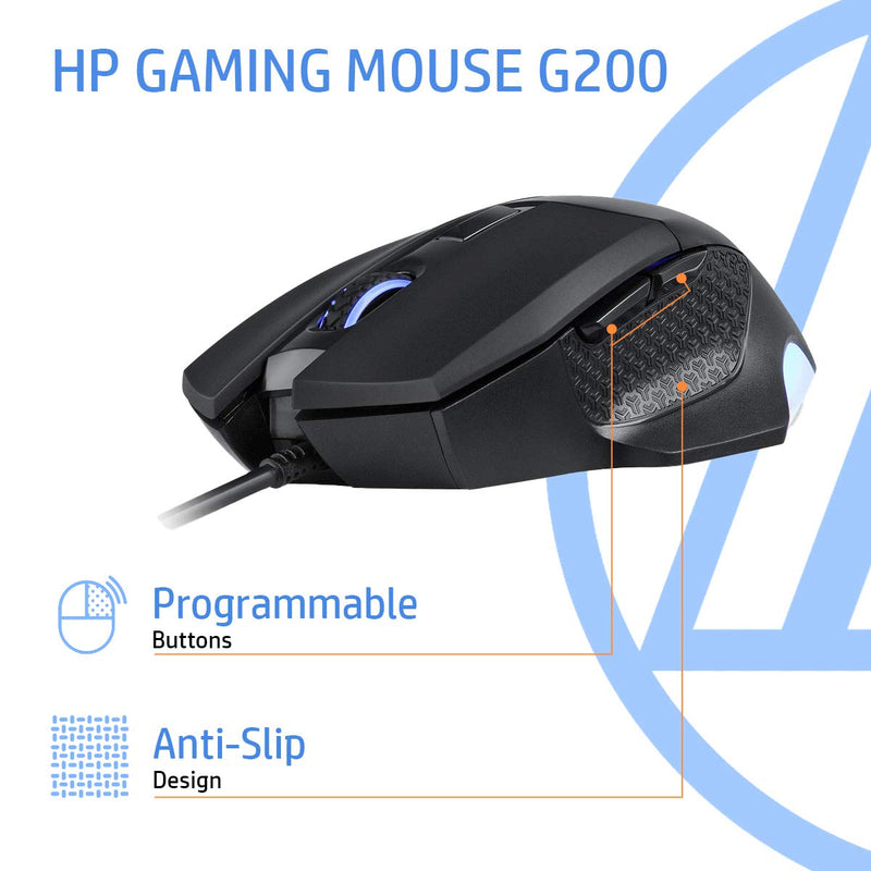 HP G200 Backlit USB Wired Gaming Mouse with Ergonomic Design, All Customizable Buttons, Adjustable 4000 DPI, RGB Breathing LED Lighting, Anti-Slip Scroll Whee