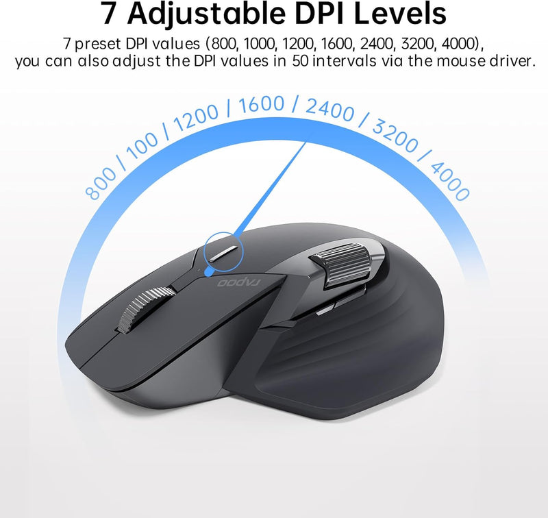 Rapoo MT760 Multi-Device Wireless Mouse, Bluetooth 5.0 and 2.4G Multi-Mode Connection, Up to 4 Devices, 11 Programmable Buttons, 4K DPI, 90 Days Battery Life, PC, Matte Black