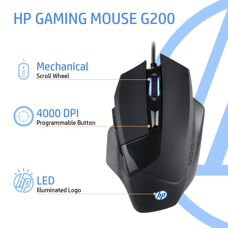 HP G200 Backlit USB Wired Gaming Mouse with Ergonomic Design, All Customizable Buttons, Adjustable 4000 DPI, RGB Breathing LED Lighting, Anti-Slip Scroll Whee