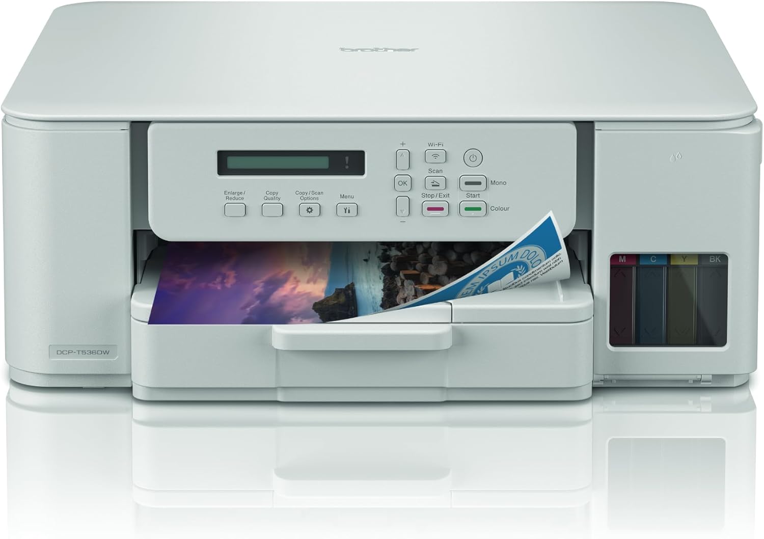طابعة براذر اللاسلكية المتكاملة، DCP-T536DW، طباعة تلقائية على الوجهين، طباعة لاسلكية ومن الجوال، تصميم صغير الحجم، أبيض