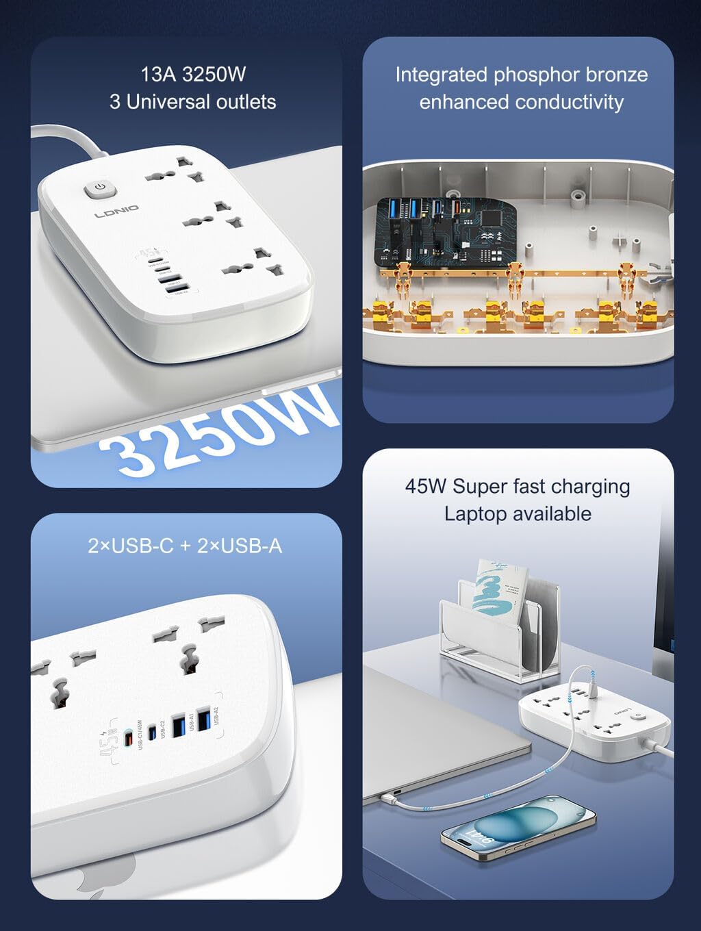 LDNIO SC6 Smart Power Strip 45W with 3 Universal Outlets & 4 USB Ports (USB-C PD) | 3250W Extension Socket, 2M Cable, Fast Charging, Multi-Protection, White
