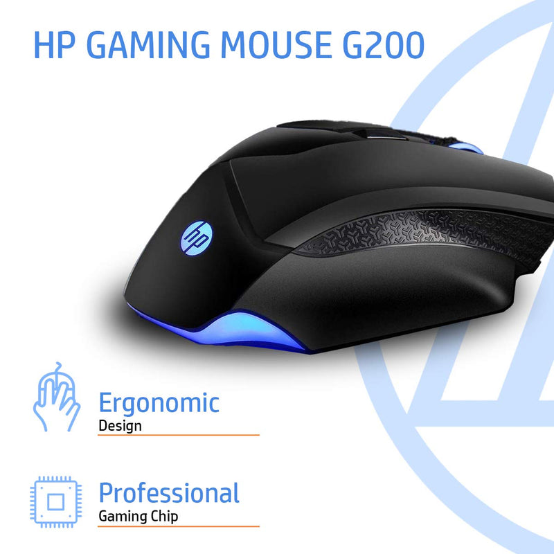 HP G200 Backlit USB Wired Gaming Mouse with Ergonomic Design, All Customizable Buttons, Adjustable 4000 DPI, RGB Breathing LED Lighting, Anti-Slip Scroll Whee