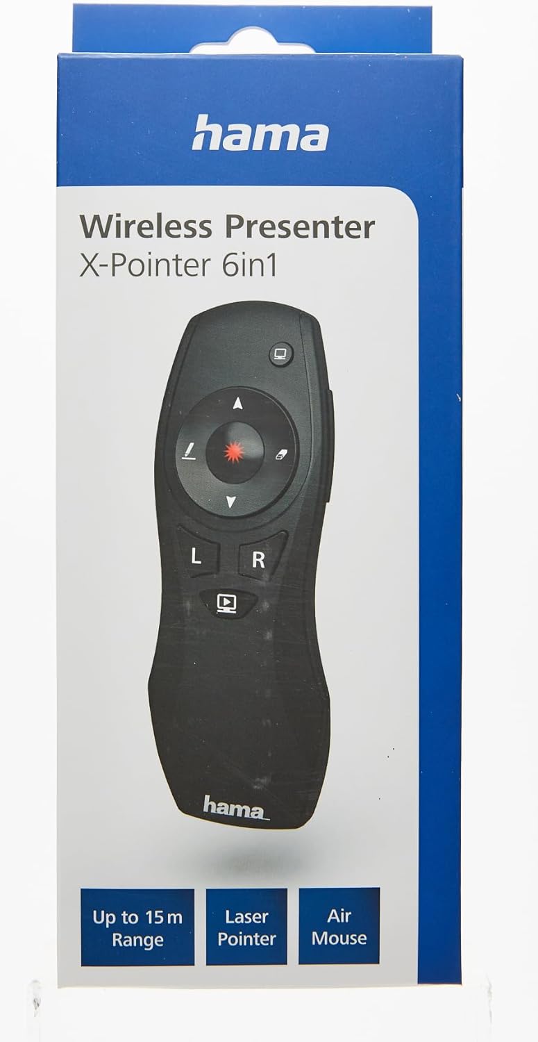 Hama X‑Pointer جهاز عرض لاسلكي 6 في 1 – تردد 2.4 غيغاهرتز، مدى 15 م، مؤشر ليزر أحمر، فأرة هوائية، تنقل PowerPoint، تحكم في الصوت، شاشة كاملة/سوداء، 2× بطارية AAA