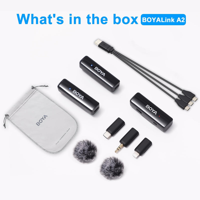 BOYA BOYALINK A2 Wireless Lavalier Microphone for iPhone/Android/Camera Vlogging, All-in-One Lapel Dual Mic System & Lightning & USB-C Inputs for Smartphones/DSLR YouTube Facebook Live