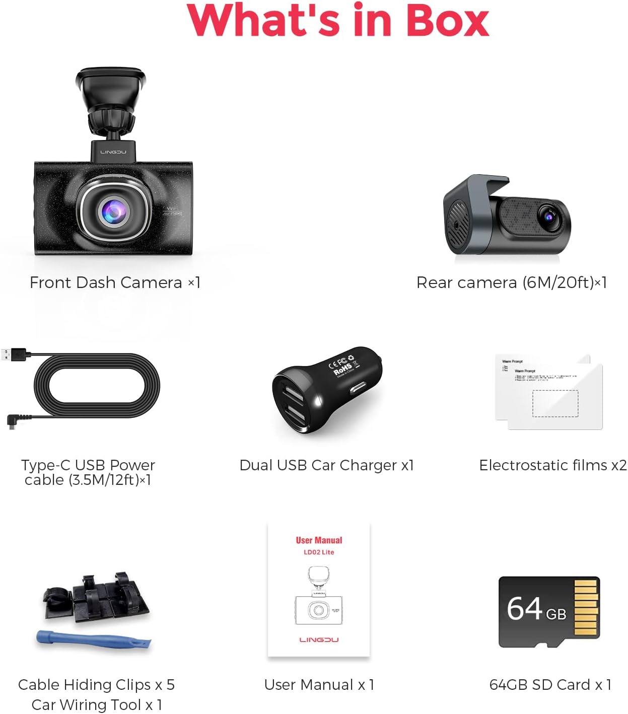 Lingdu LD02Lite 4K+1080P Front and Rear Dash Cam – Voice Control, 5G WiFi, GPS, Parking Monitor, 170° Wide Angle, Night Vision, Loop Recording, G-Sensor, 64GB Card Included