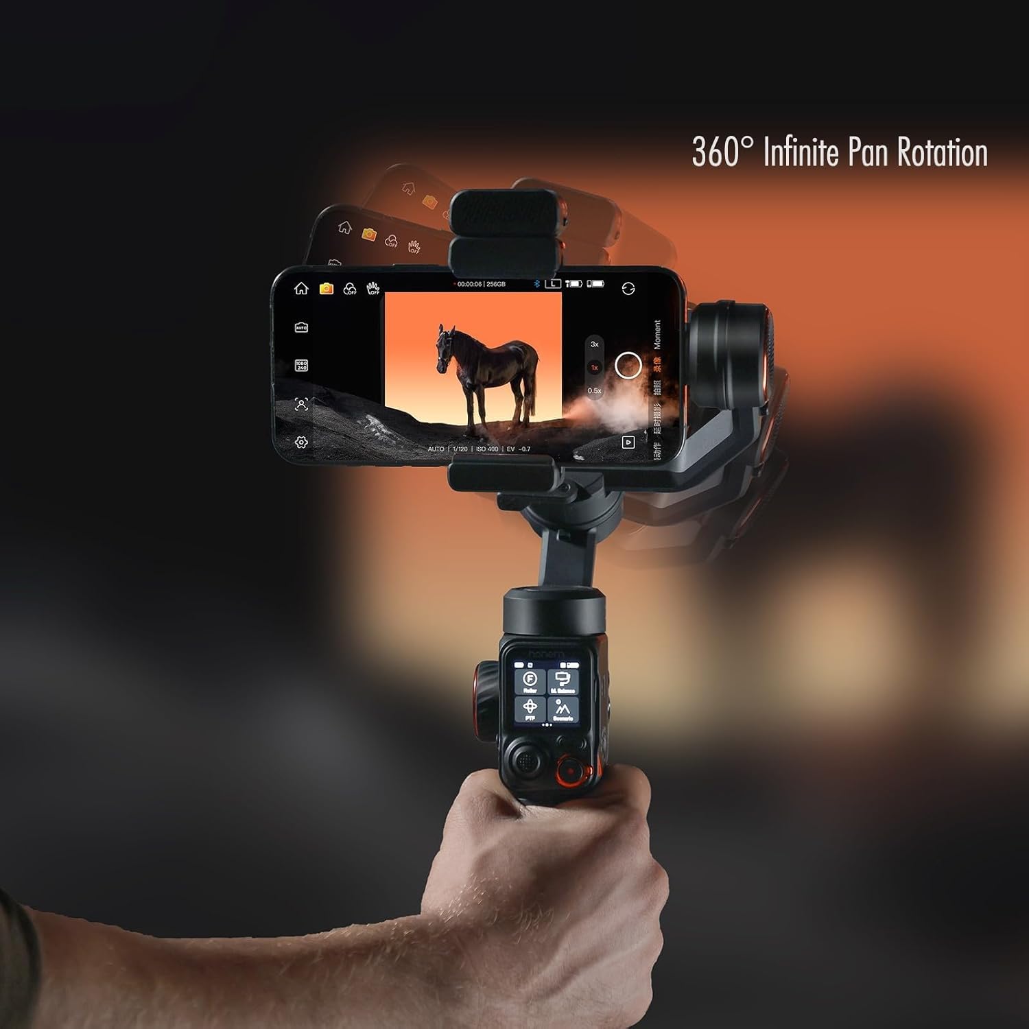Hohem iSteady M7 AI-Tracking Smartphone Gimbal – 500 g Payload, Detachable 1.4″ Touchscreen Remote, RGB Fill Light, 12 h Battery, 360° Pan