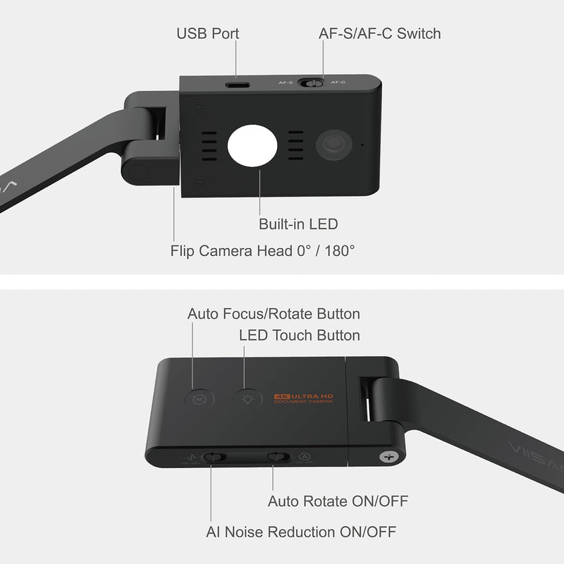 VIISAN VS13AI USB Document Camera with AI-Noise Reduction Mic, 13MP 4K Ultra HD A3-Size Capture, Dual-Mode Autofocus, LED Light, Foldable for Web Conferencing, Live Demo, Compatible macOS & Windows