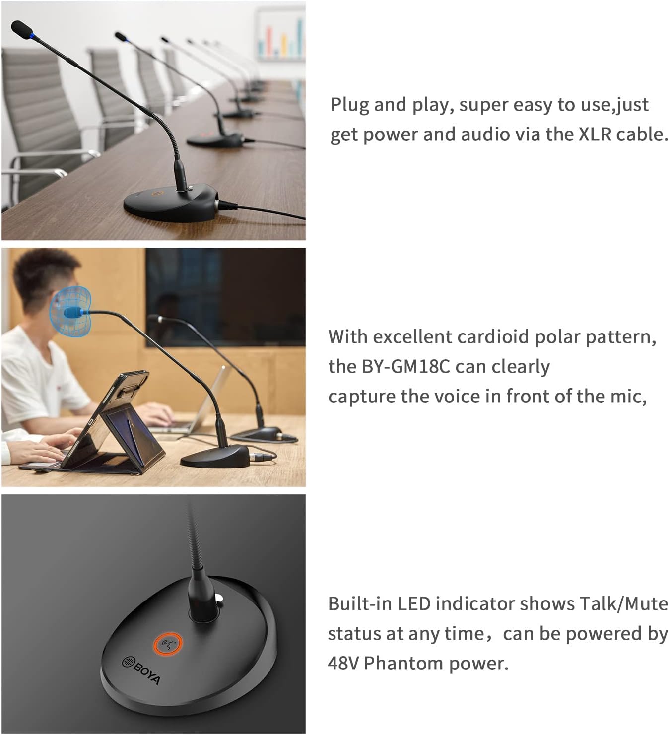 BOYA BY-GM18C 18" Desktop Gooseneck Condenser Microphone – Podium Mic with Mute Button, LED Indicator, XLR Connection, for Meetings, Video Conferences, Streaming & Lectures