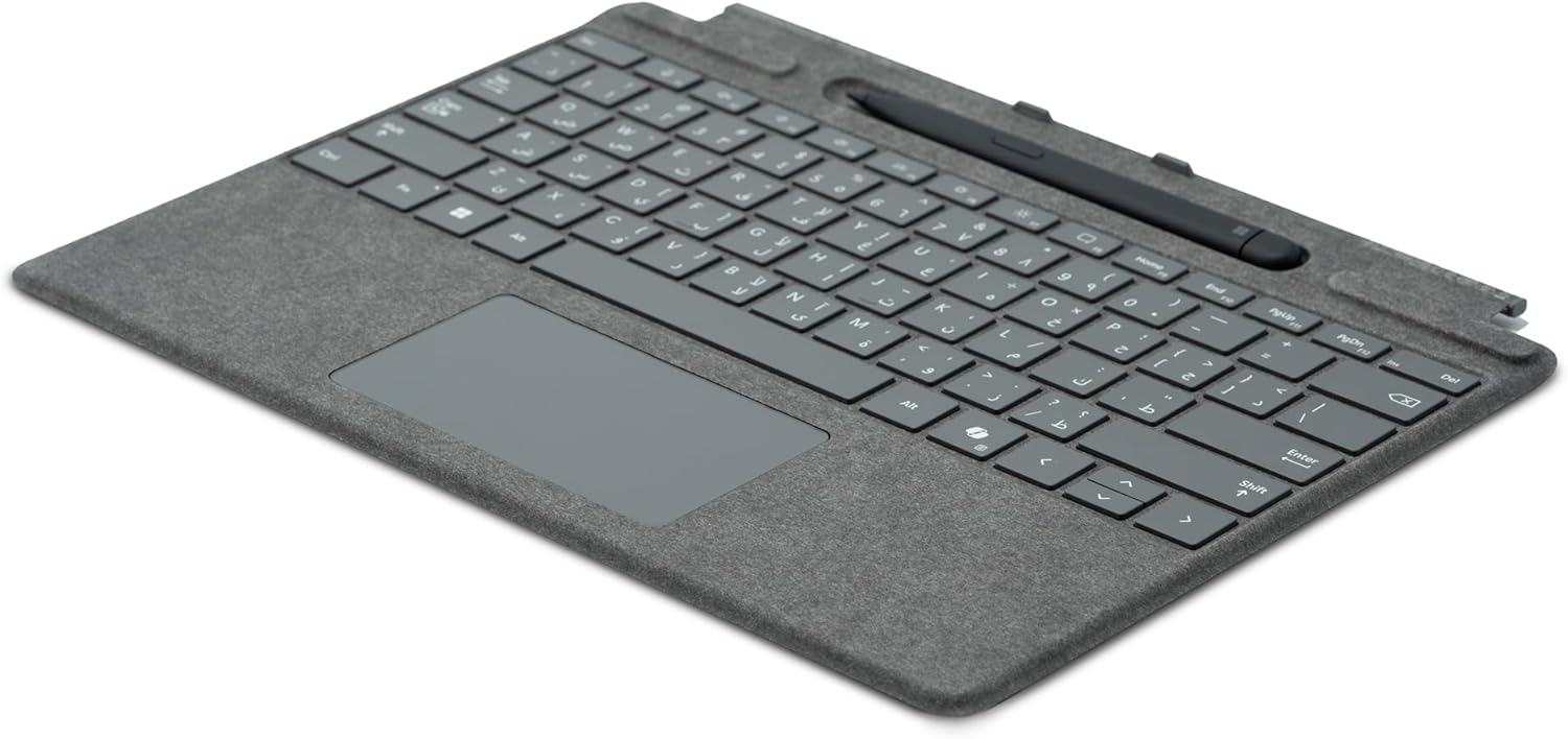 لوحة مفاتيح Microsoft Surface Pro مقاس 13 بوصة مع مساحة لتخزين القلم، بلاتيني، متوافقة مع Surface Pro (الإصدار الحادي عشر) وSurface Pro 9 أو Surface Pro 8 – إنجليزية/عربية