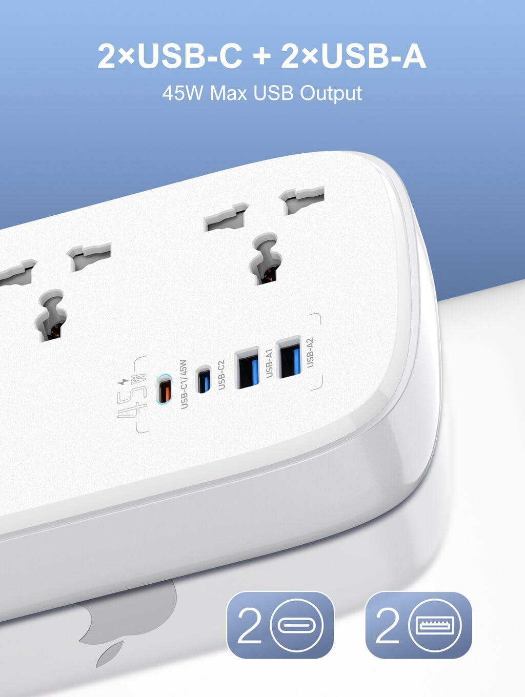 LDNIO SC6 Smart Power Strip 45W with 3 Universal Outlets & 4 USB Ports (USB-C PD) | 3250W Extension Socket, 2M Cable, Fast Charging, Multi-Protection, White