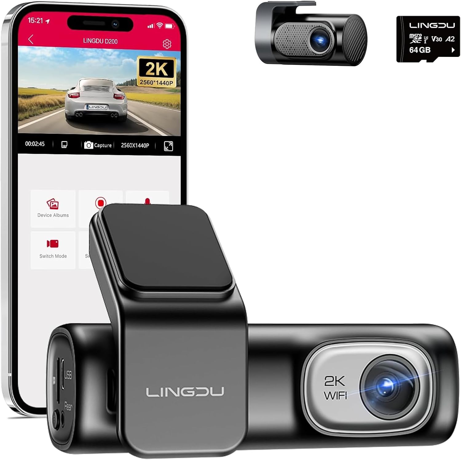 Lingdu D200 2K Dash Cam Front and Rear – Built-in GPS & WiFi, 0.96" LCD Screen, 64GB SD Card Included, Night Vision, Voice Control, Parking Monitor, Loop Recording, G-Sensor