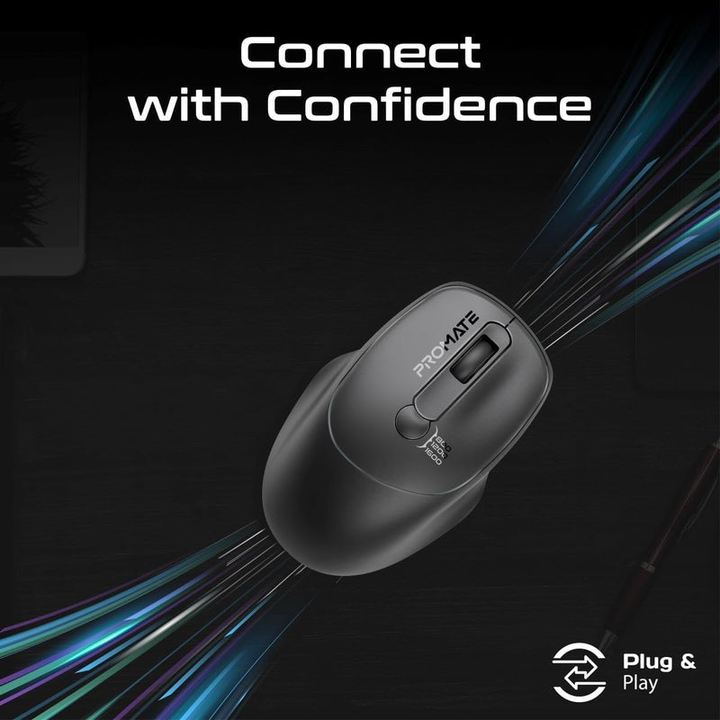 Promate Wireless Mouse, EZGrip Ergonomic Ambidextrous 2.4GHz Mice, Adjustable 1600DPI, 6 million Keystrokes, Nano USB Receiver, 10m Range, 120-hour Working Time for Laptops, PC