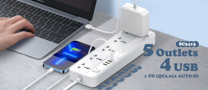 LDNIO SC5415 Power Strip With USB Port and Switch Button Extension Power Socket 2500 W 5 OUTLETS 4 USB PD/QC 3.0 Total 20 W