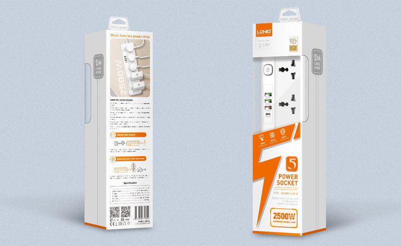 LDNIO SC5415 Power Strip With USB Port and Switch Button Extension Power Socket 2500 W 5 OUTLETS 4 USB PD/QC 3.0 Total 20 W