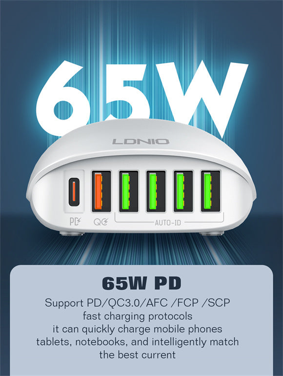 LDNIO PD 65 واط شاحن فائق السرعة 1PD 65 واط + 1 QC3.0 + 4 محول معرف تلقائي يدعم الكمبيوتر المحمول اللوحي شحن شاحن سطح المكتب متعدد المنافذ A6573C