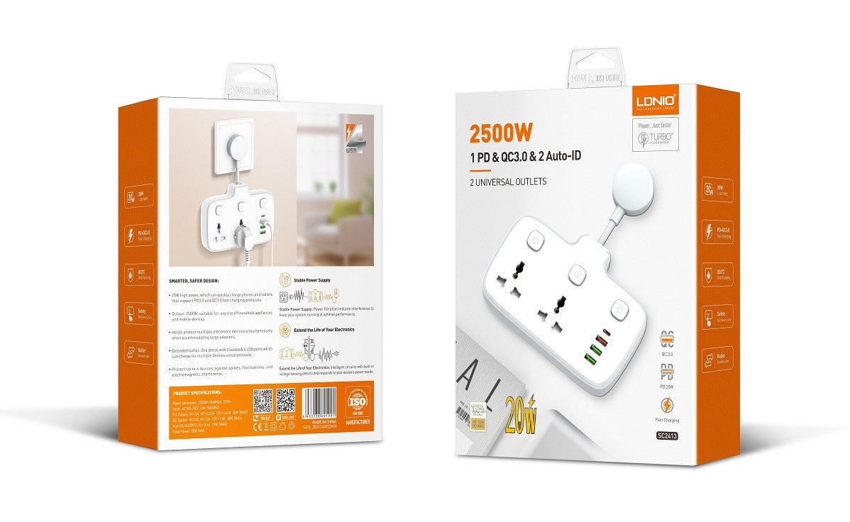 LDNIO SC2413 منافذ عالمية قطاع الطاقة برج 2 منفذ الجدار التوصيل الكهربائي PD 20 واط USB الطاقة مكعب مقبس الطاقة