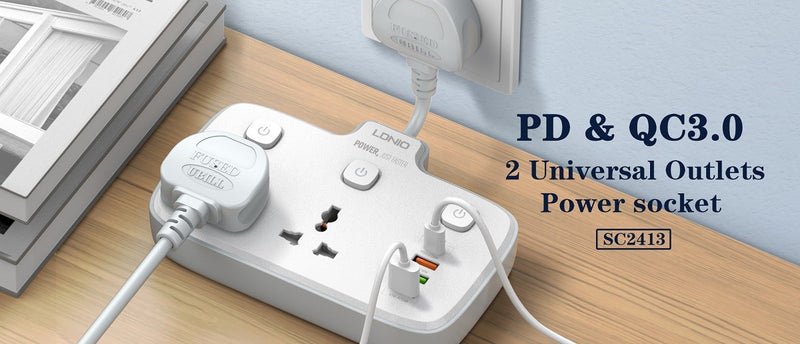 LDNIO SC2413 Universal Outlets Power Strip Tower 2 Outlet Wall Electric Plug PD 20W USB Power Cube Power socket