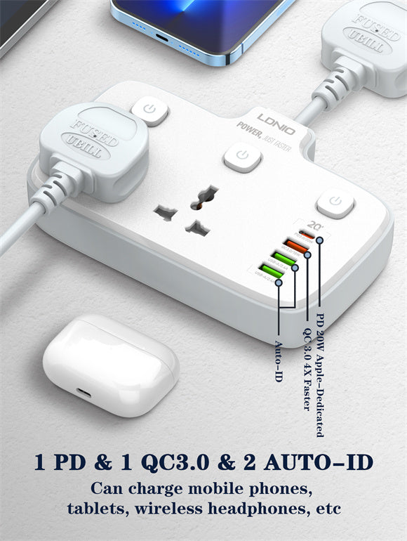 LDNIO SC2413 منافذ عالمية قطاع الطاقة برج 2 منفذ الجدار التوصيل الكهربائي PD 20 واط USB الطاقة مكعب مقبس الطاقة